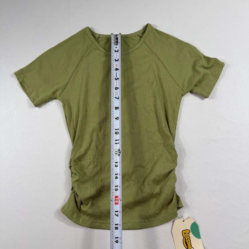 LessonZoo Ribbed Crew Neck Raglan Short Sleeve Ruched Side T-Shirt - Picture 5 of 7